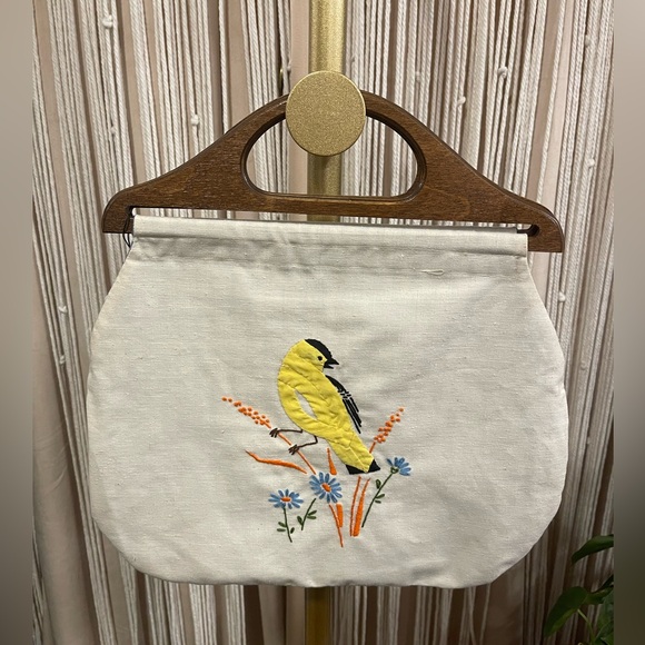 vintage Handbags - Mid-century vintage handmade purse w/ embroidered bird and wooden handle